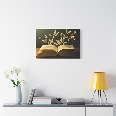 Book with Words Turning into Butterflies Stretched Canvas Wall Art