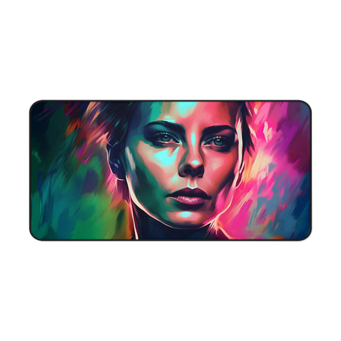 Colorful watercolor desk mat featuring Charlize Theron in neon hues.