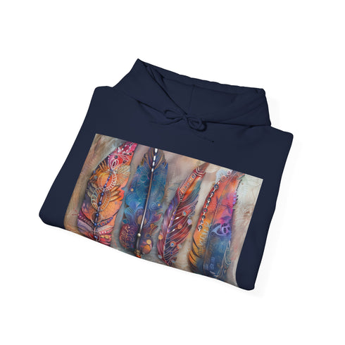 Bohemian feather hoodie in navy for men and women.