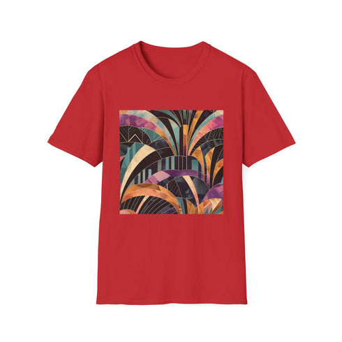 Charcoal abstract art deco t-shirt with geometric patterns and crew neck