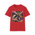 Charcoal abstract art deco t-shirt with geometric patterns and crew neck