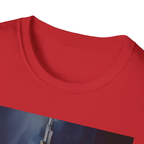 Men and women's charcoal cotton T-shirt featuring Dubai skyline watercolor design