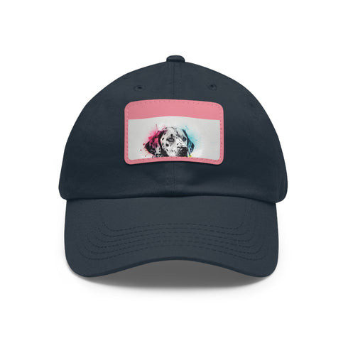 Dalmatian graphic baseball cap in white with light brown patch.