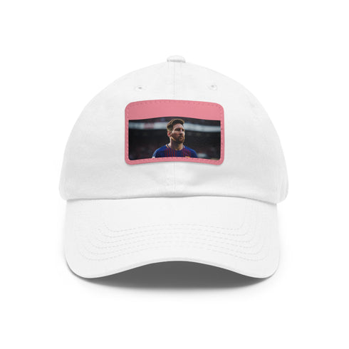 White cotton baseball cap with Lionel Messi logo embroidery.