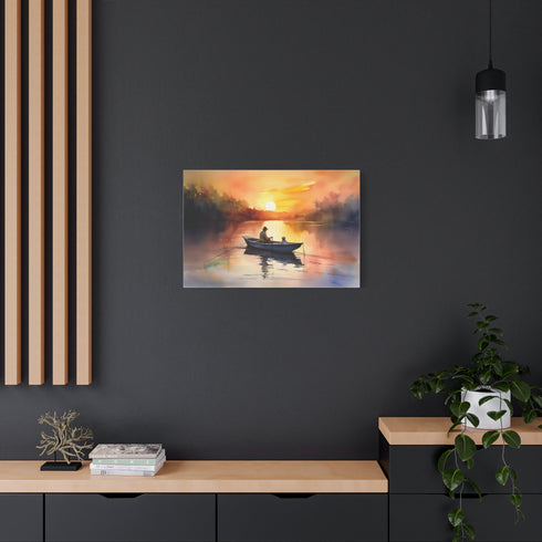 Golden Hour Fisherman Silhouette Sunset Stretched Canvas Wall Art - View 8 | Prints With Passion
