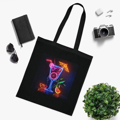 Vibrant black cotton tote bag with neon tropical cocktail design.