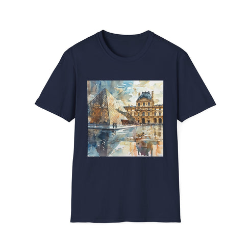 Charcoal crew neck tshirt with watercolor Louvre design for art lovers