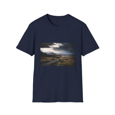 Charcoal cotton crew neck t-shirt with vibrant Icelandic landscape graphic print