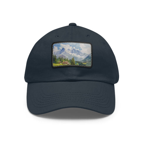 Swiss Alps watercolor cap in white with light brown rectangle patch.