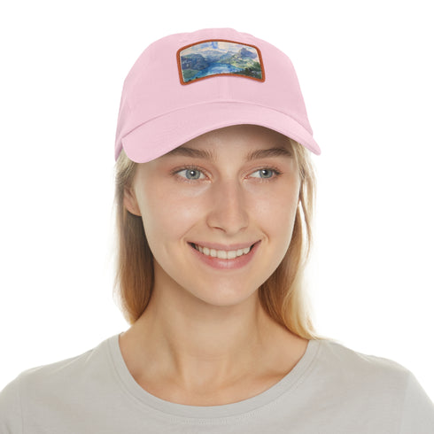 Swiss Alps Watercolor Baseball Cap, White with Light Brown Patch