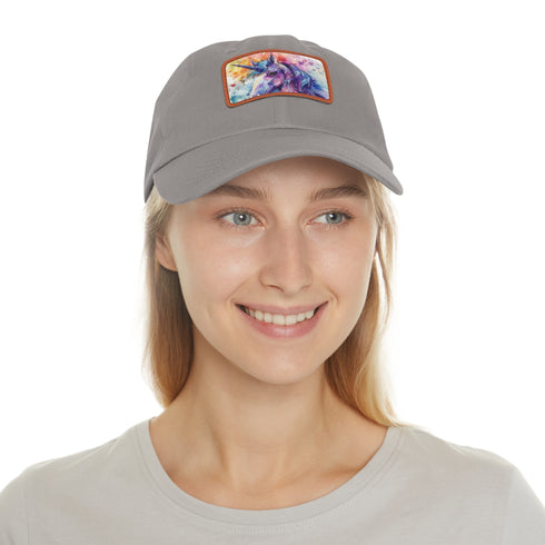 Magical watercolor unicorn baseball cap in white with light brown rectangle patch.