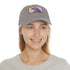 Magical watercolor unicorn baseball cap in white with light brown rectangle patch.