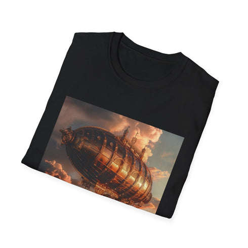 Steampunk airship graphic on charcoal unisex t-shirt in size S.