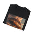 Steampunk airship graphic on charcoal unisex t-shirt in size S.