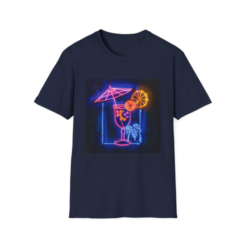 Neon graphic charcoal T-shirt with tropical cocktail design evoking summer escapes