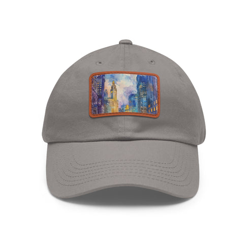 Chicago Skyline Watercolor Cap in white with light brown patch.