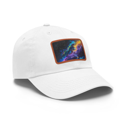 Neon galaxy snapback cap with white/light brown patch. Eye-catching galactic design.