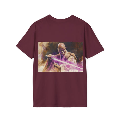 Purple lightsaber tee for summer in charcoal, size small.