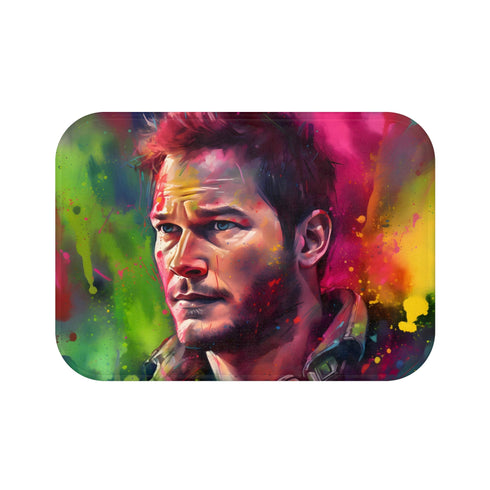 Neon Pratt Bath Mat with Chris Pratt watercolor portrait.