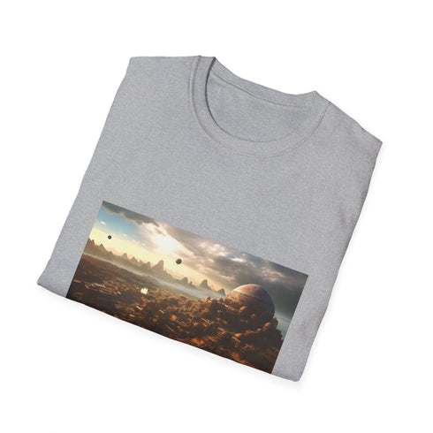 Shambala: City of Light watercolor T-shirt in charcoal, size Small.