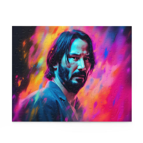 Vibrant Keanu Reeves puzzle in watercolor neon hues, 10"x8" 120pcs.