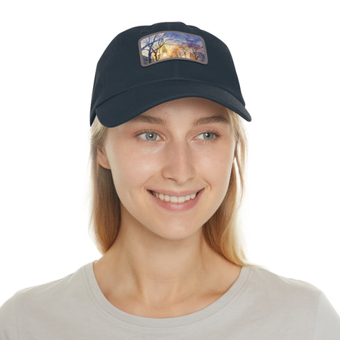 Eiffel Tower watercolor baseball cap in white with light brown patch.