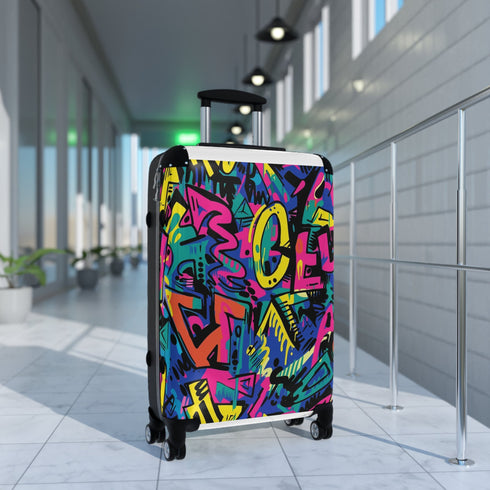 Neon urban graffiti small black suitcase with trendy seamless pattern.