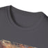 Vibrant charcoal t-shirt with bohemian feather symphony design in soft cotton