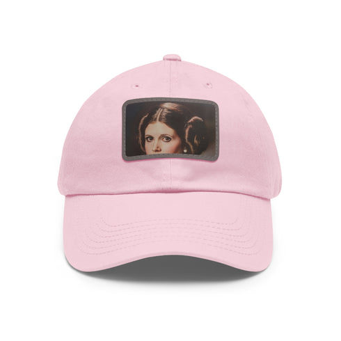Galactic Princess Leia embroidered white baseball cap with light brown patch.