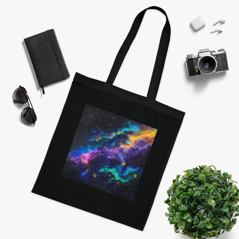 Vibrant cosmic burst design on black cotton tote bag.