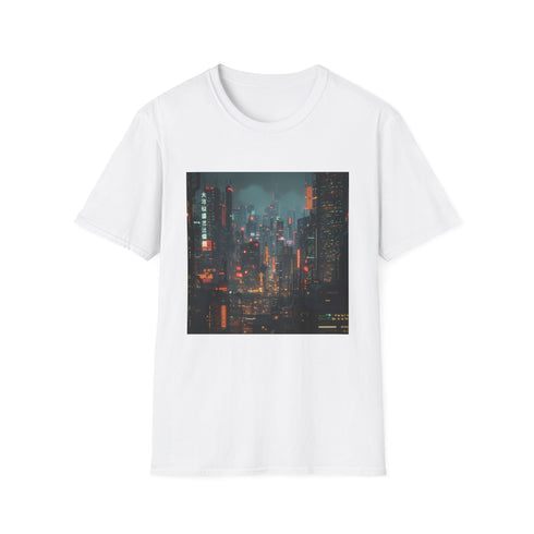 Cyberpunk charcoal T-shirt with neon cityscape graphic in soft cotton fabric