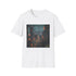 Cyberpunk charcoal T-shirt with neon cityscape graphic in soft cotton fabric