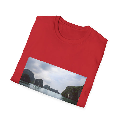 Charcoal cotton crew neck t-shirt featuring serene sea landscape graphic
