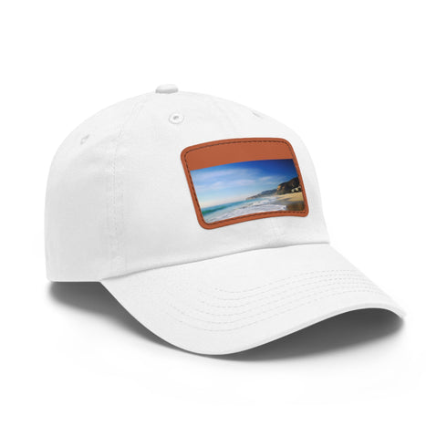 White baseball cap with Malibu beach image, perfect for sunny days.