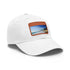 White baseball cap with Malibu beach image, perfect for sunny days.