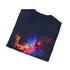 Neon galaxy print shirt in charcoal with luminous space design cotton fabric
