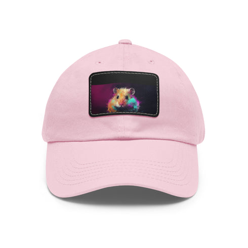 Neon hamster graphic baseball cap in white with light brown patch.