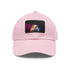 Neon hamster graphic baseball cap in white with light brown patch.