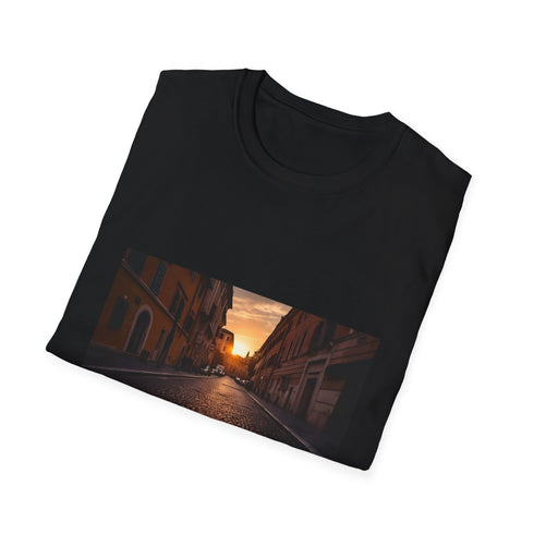 Charcoal crew neck t-shirt featuring vibrant Rome sunset graphic in cotton