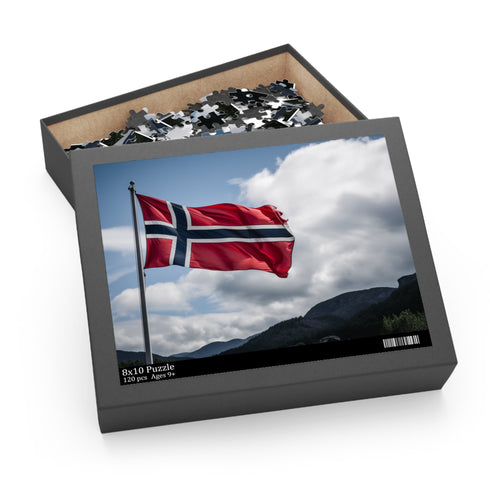 Norway flag jigsaw puzzle with stunning Nordic landscape background.