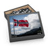 Norway flag jigsaw puzzle with stunning Nordic landscape background.