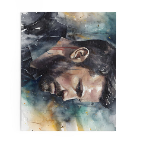 Watercolor Batman puzzle showcasing portrait of Ben Affleck in vibrant hues