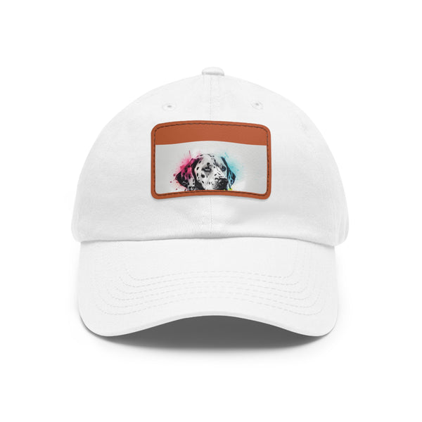 Dalmatian graphic white baseball cap with light brown patch.