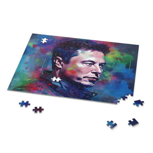 Neon Elon Musk watercolor jigsaw puzzle, 120 pieces, vibrant colors.