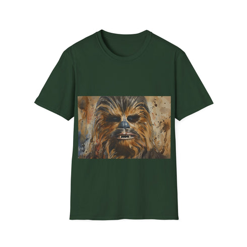 Charcoal crew neck tee with watercolor Chewbacca design for summer style