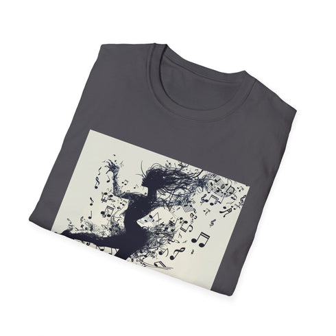 Silhouette charcoal t-shirt featuring graceful dancer and musical notes design