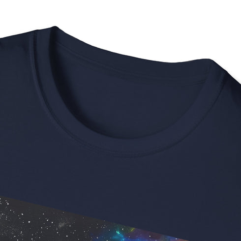 Neon space-themed charcoal cotton T-shirt with vivid galaxy pattern