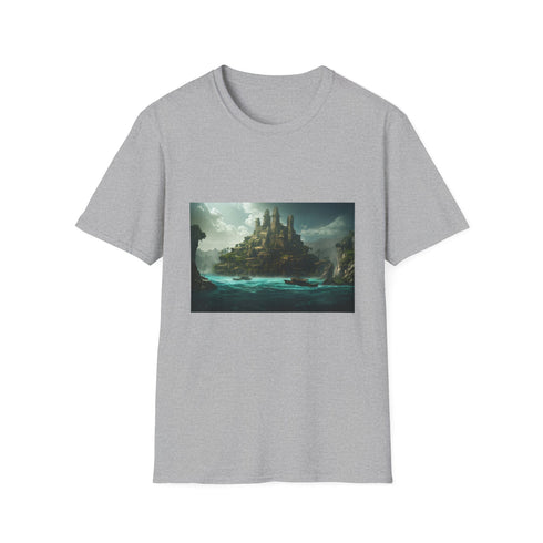 Charcoal cotton T-shirt with vibrant Atlantis oceanic scene and crew neck