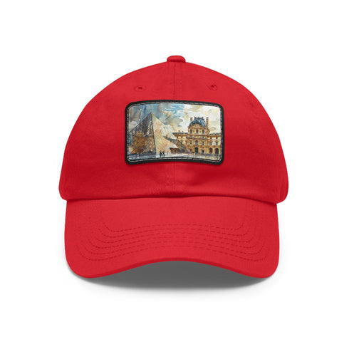 White cotton baseball cap with light brown Louvre Paris watercolor patch.