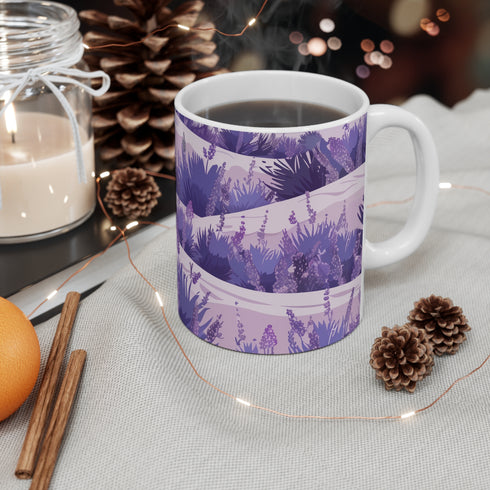 Lavender flower patterned ceramic coffee mug for a serene morning vibe.